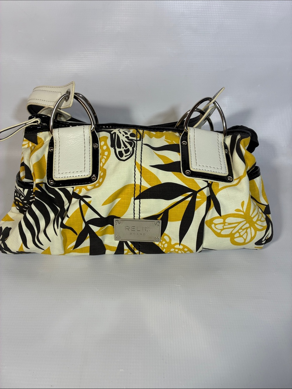 Relic Yellow Black and White Floral/Butterfly Canvas Shoulder Bag